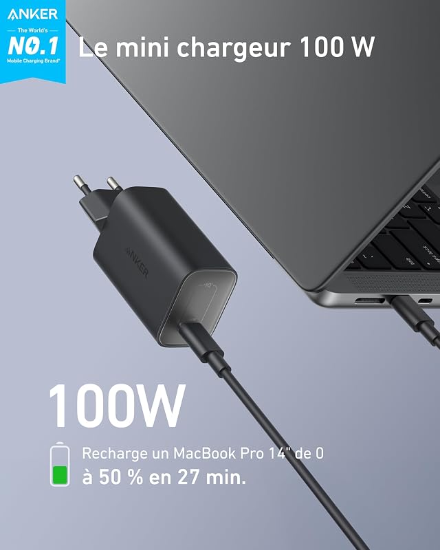 Nano Chargeur USB C Nano 100W (Câble USB C de 1,8 m Inclus)