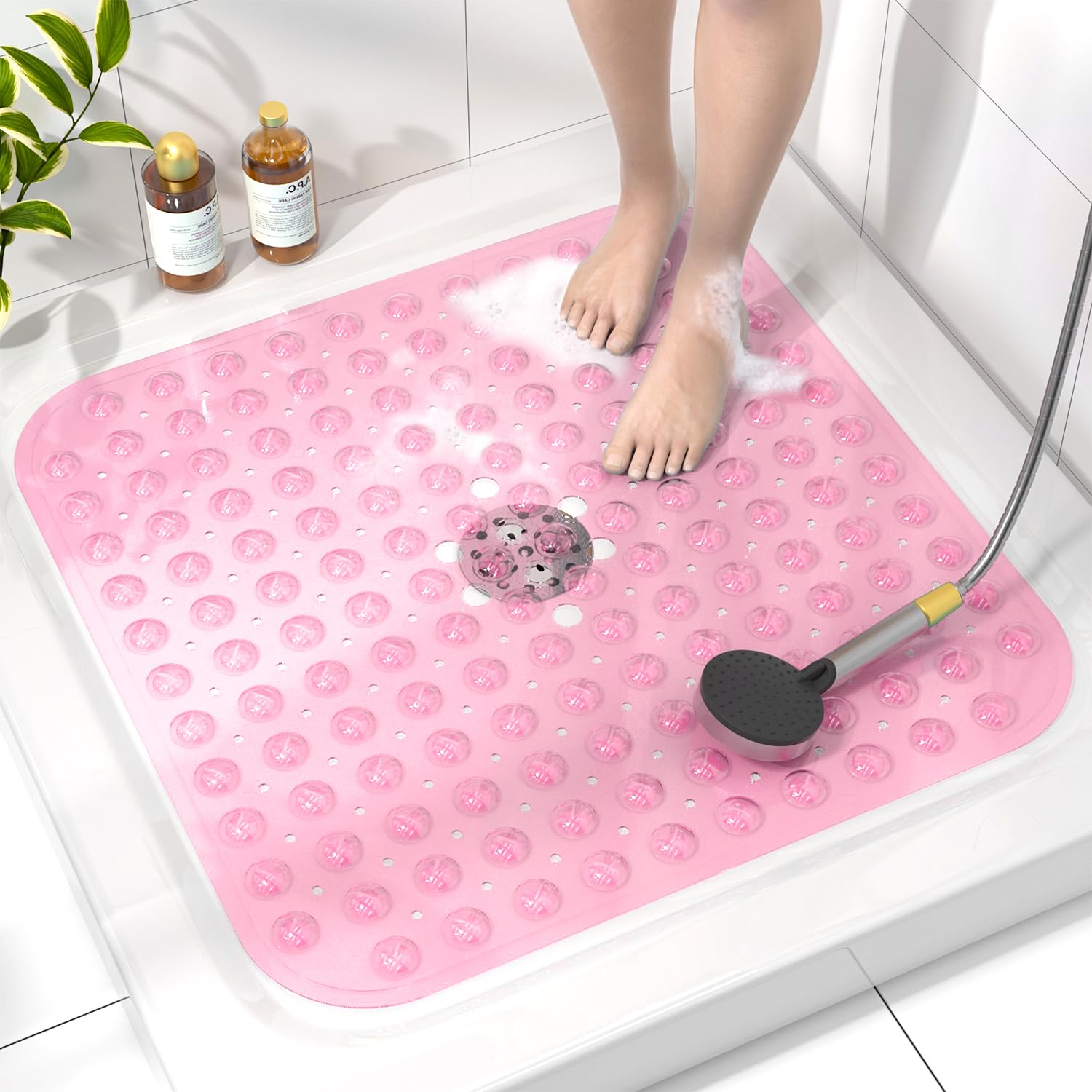 HITSLAM Square Shower Mat Non Slip Anti Mould, 53 x 53cm Bath Mat for Tub with Suction Cups and Drain Holes, Machine Washable Bathroom Anti Slip Shower Mat, Soft on Feet, Pink