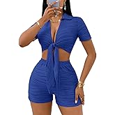 MSLG Women's Sexy 2 Piece Set Solid Summer Bodycon Suit Casual Tie Front Short Sleeve V Neck Crop Top Shorts Outfits Sets S42