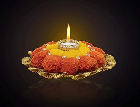 Fully Diwali Decor Round Gota Patti Flower Design Metallic Diya Tea Light Candle Holder for Home and Office (1 pcs)