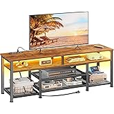 Furologee TV Stand with Power Outlets and LED Lights, 55 Inch Entertainment Center for 55 60 Inch TVs, Media Console Table with Open Shelves, for Bedroom, Living Room, Rustic Brown