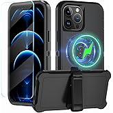 CONWOE Magnetic for iPhone 12 Pro Max Case,with Belt Clip,[Compatible with Magsafe] W/Tempered Glass Screen Protector,Anti-Drop,Shockproof,Heavy Duty Protection (Black)