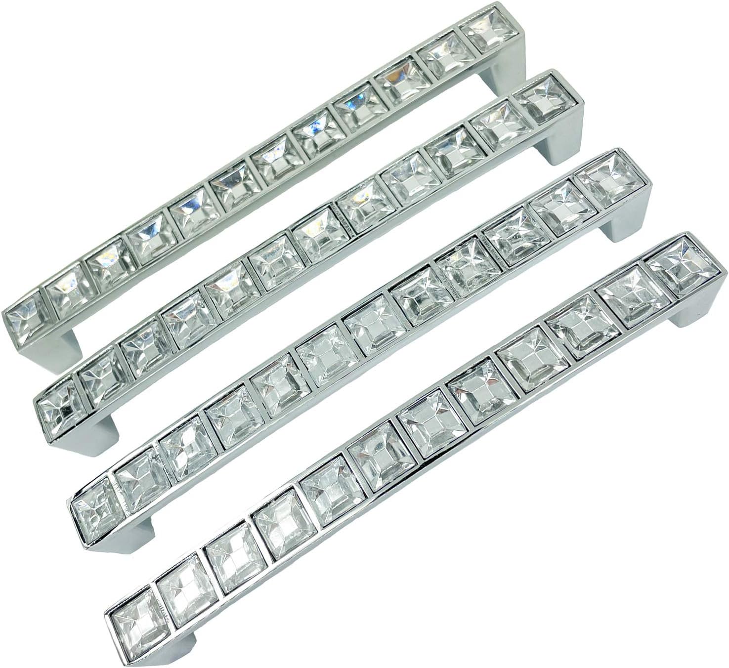 Micro Trader 4x Crystal Cabinet Pull Handle Bar Drawer Cabinet Door Handle 128mm, Silver, 14 x 2 cm