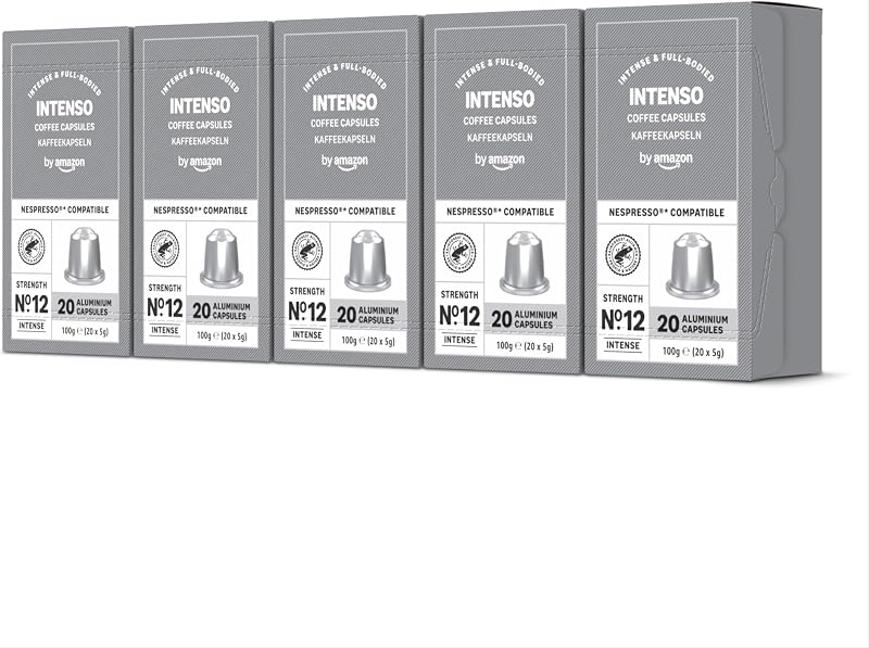 Capsules de Café Intenso Compatibles avec Nespresso, capsule en aluminium, torréfaction poussée, 100 Pièces, 5 lot de 20 - Certifié Rainforest Alliance