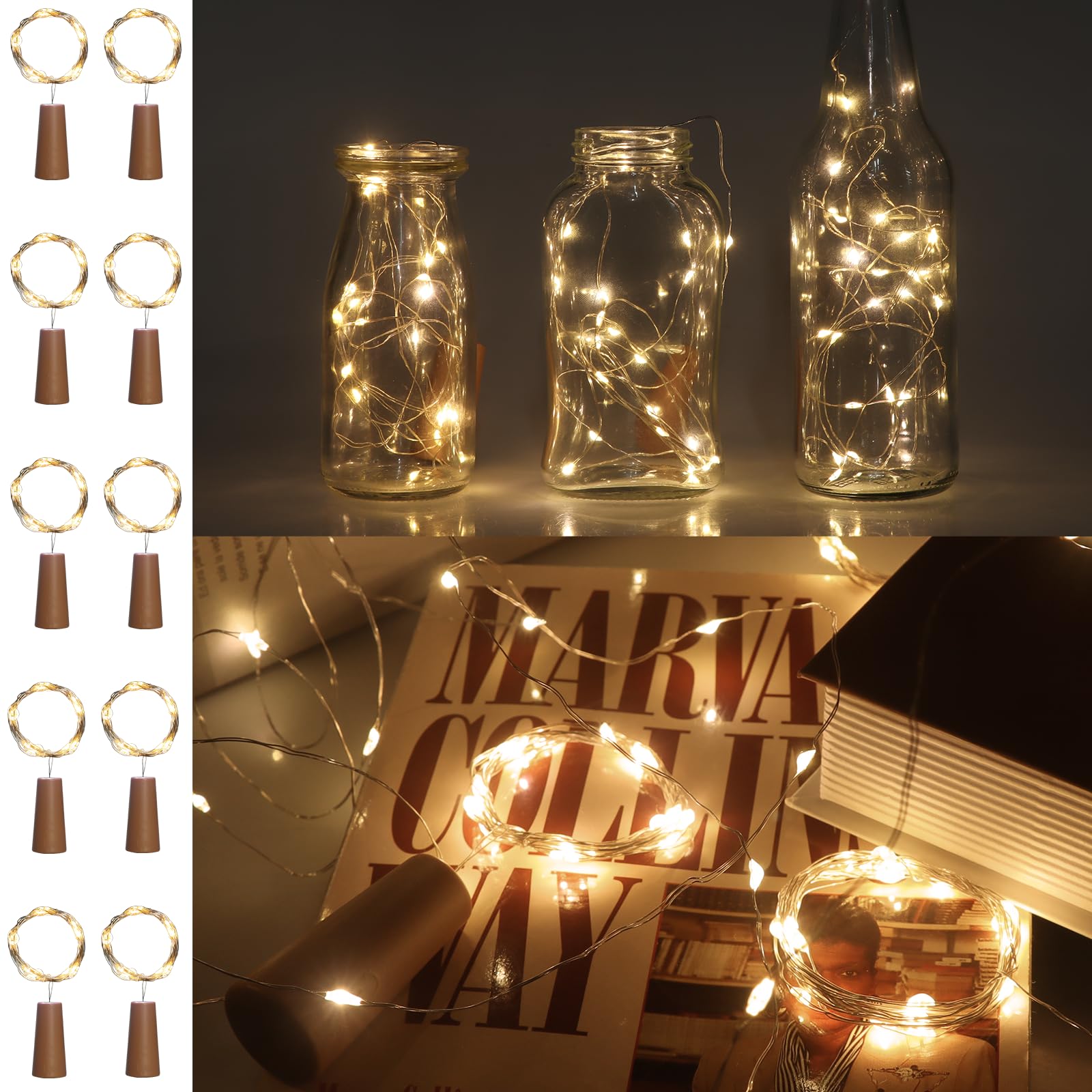 Liuyife 10 Pack Bottle Lights with Cork Warm White, 2M 20LED Mini Copper Wire Fairy Wine Bottle Lights, Waterproof Night Light, Suitable for DIY, Party, Christmas, Festival Decoration (Warm White)