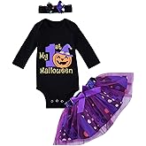 MINIFEIKO My First Halloween Outfit for Baby Girl Pumpkin Bodysuit and Tutu Skirt with Bow Headband Clothes 3 Pcs Set