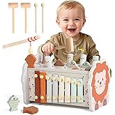 Fajiabao Wooden Montessori Toys for 1 Year Old Boy 4 in 1 Toddler Learning Toys with Number Maze, Pounding Bench, Xylophone, Fishing Game Baby Sensory Toys Birthday Gifts for 1+ Year Old Boys & Girls