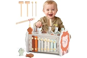 FAJIABAO Wooden Montessori Toys for 1 Year Old Boy 4 in 1 Toddler Learning Toys with Number Maze, Pounding Bench, Xylophone, Fishing Game Baby Sensory Toys Christmas Birthday Gifts for 1+ Year Old Boys & Girls