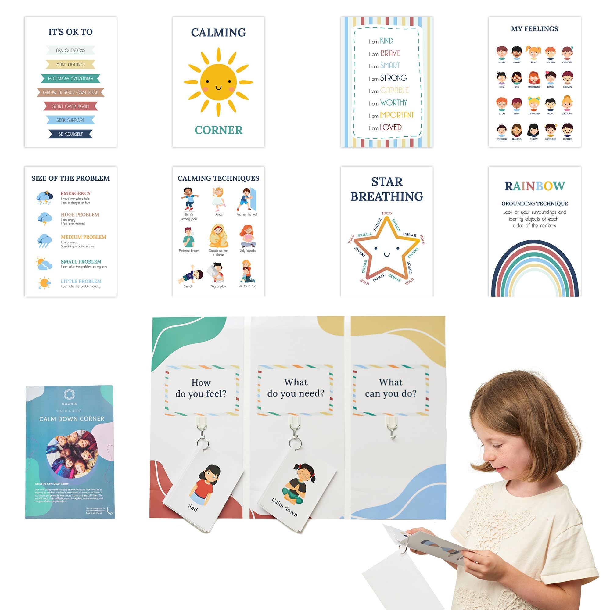 ODOXIA Calm Down Corner | Positive Quotes & Breathing Techniques | Autism Calm Corner Kit with Posters & Solutions Wall | Calming Corner Items for Kids | Calming Posters for Classroom & Homes