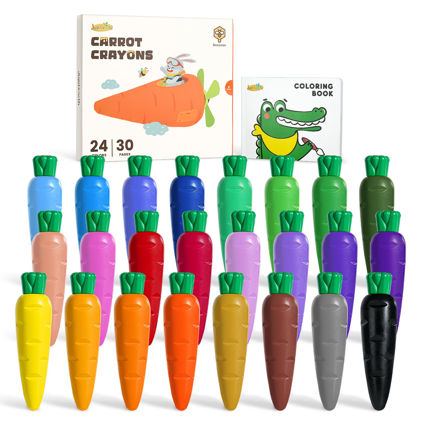 JUPITEARTH Carrot Crayons for Kids Ages 4-8 (24 Colors), Mess-Free Non Toxic Beeswax Crayons with Coloring Book and 120 PDF Pages, Easter Egg Fillers for Toddlers Fun Coloring Gift