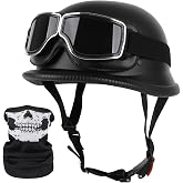 German Style Motorcycle Helmet, DOT Approved Adult Men Women Half Helmet, Skull Cap Half Shell Helmet with Goggles, for Street Bike Cruiser Moped Scooter Chopper