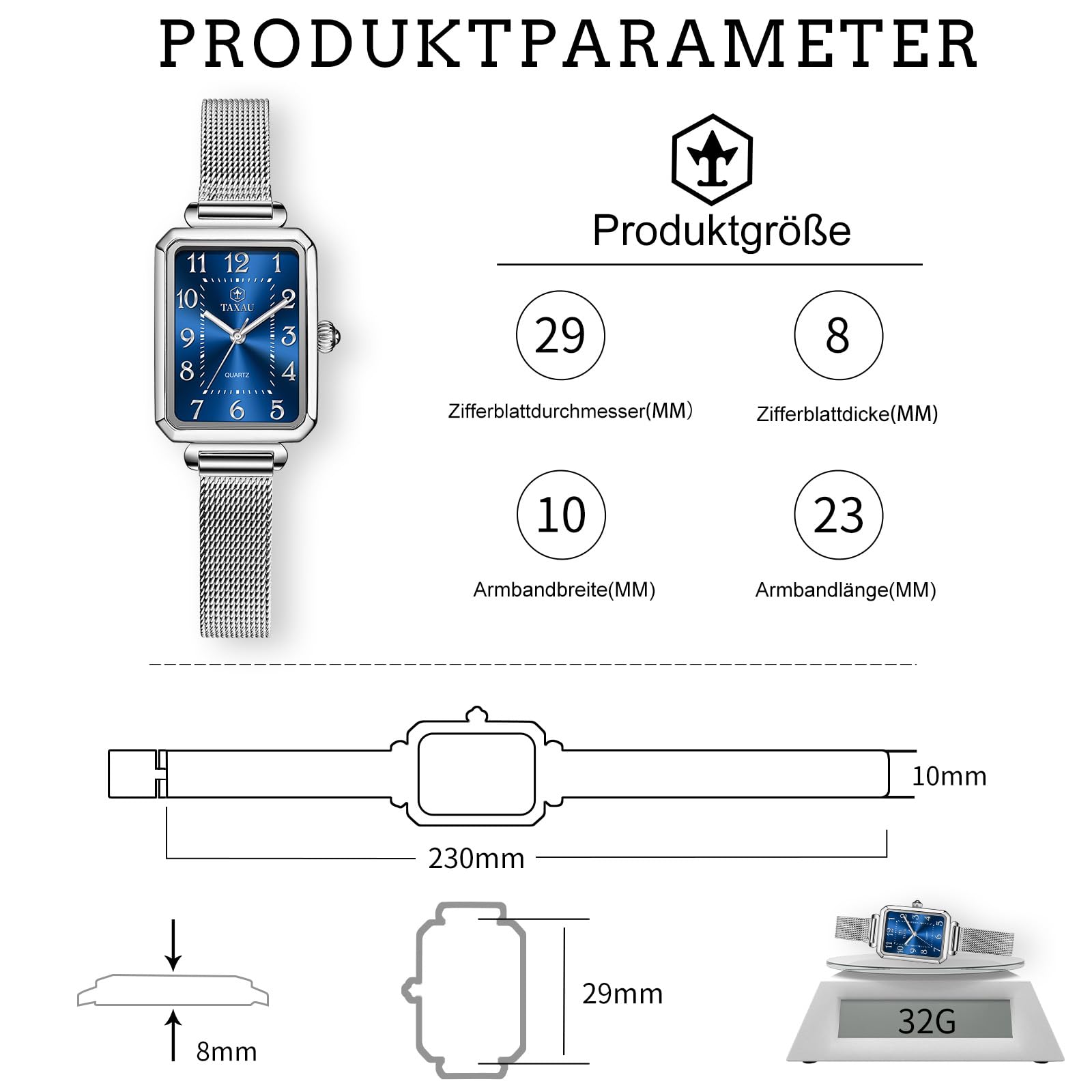 Taxau Damen Uhren Damenuhr Einstellbar Anspruchsvoll Damen Blaues Quadratisches Zifferblatt Kompakt Damenuhren Silberner Gurt Luxus Uhr Wasserdichtes Quarzwerk Watch for Women 2