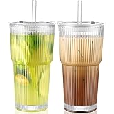 CWHHRN 20 Oz Glass Cups with Lid and Straw 2 Set, Glass Tumbler with Straw and Lid, Vintage Glassware for Whiskey Cocktail Beer, Iced Coffee Cups with Lid (2 PACK)