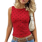 Women Polka Dot Tank Tops Sleeveless Crew Neck Print Basic Casual Slim Fit T Shirt Y2k Trendy Going Out Top