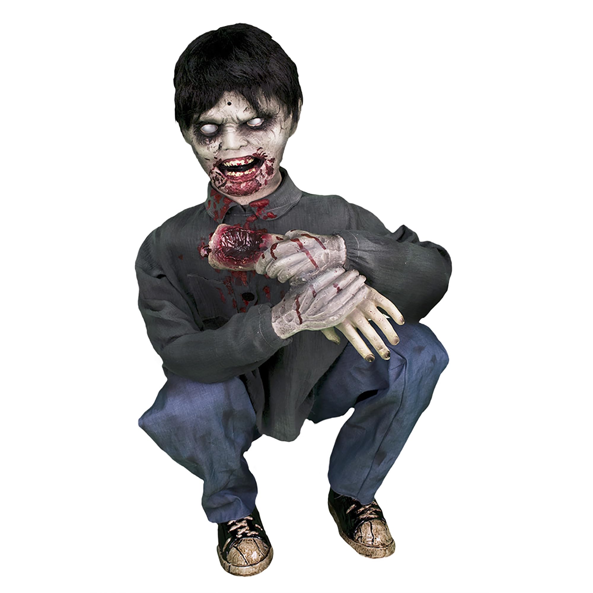 Photo 1 of (used)(see all images) Haunted Hill Farm Crouching Limb Eater Zombie Boy by Tekky, Motion-Activated Halloween Animatronics for Indoor 