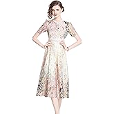 LAI MENG FIVE CATS Women's Lace Floral Short Sleeve Crochet Waist Cocktail Midi Dress