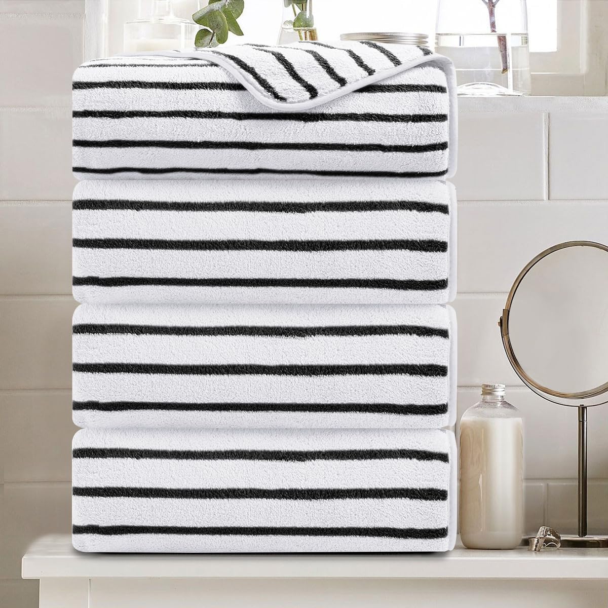 Photo 1 of 4 Pcs Black White Cabana Stripe Large Bath Towels 35"x70" Oversized Bath Sheet Soft Breathable Jumbo Bathroom Towels Highly Absorbent Shower Towels Quick Dry Beach Chair Towel Spa Gym Hotel Towel Set