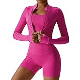 OMEWEE Workout Outfits for Women 3 Piece Long Sleeve Zip Up Cropped Jacket, Sports Bra and Tummy Control shorts