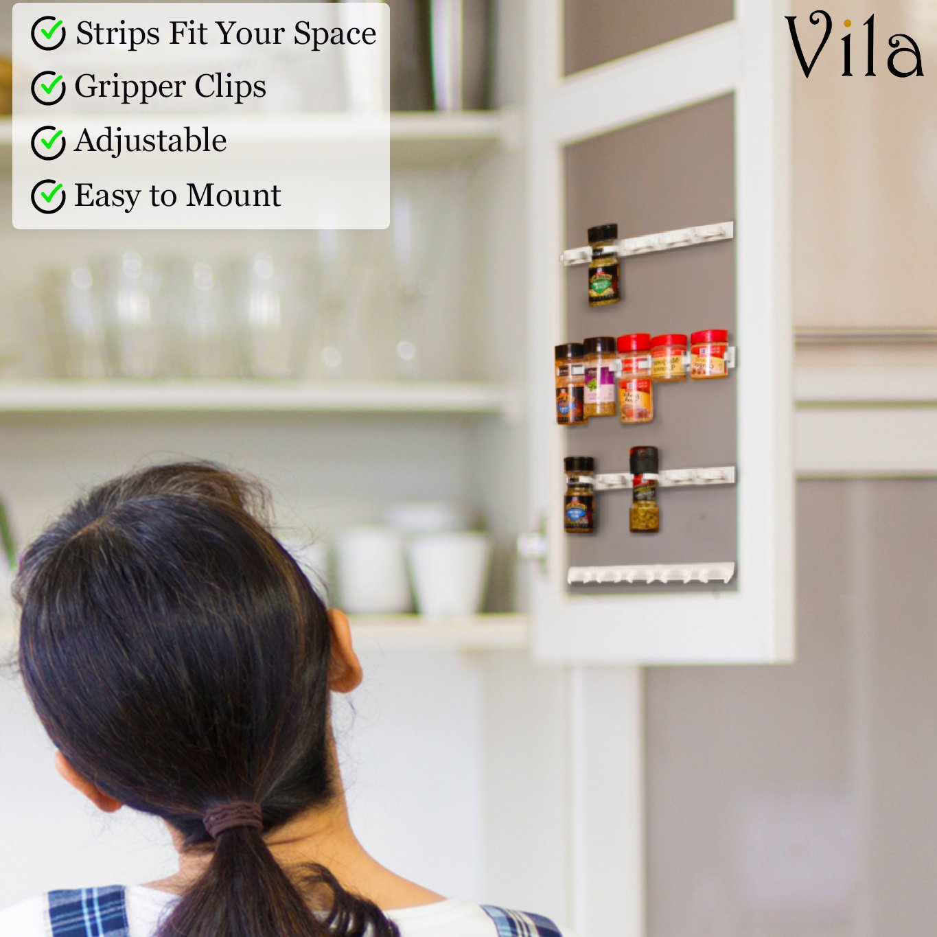 Space-saving Wall Mount Spice Organizer - 4 Clip Strips for Plastic Jars by Vila - Arranges multi-brands Spice Jars of different sizes - Mounts Securely with Top-Quality Adhesive Tape - Convenient
