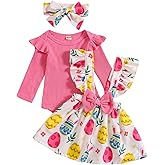 Newborn Baby Girl Easter Outfits Long Sleeve Bodysuit Romper Bunny Eggs Print Suspender Skirts with Headband