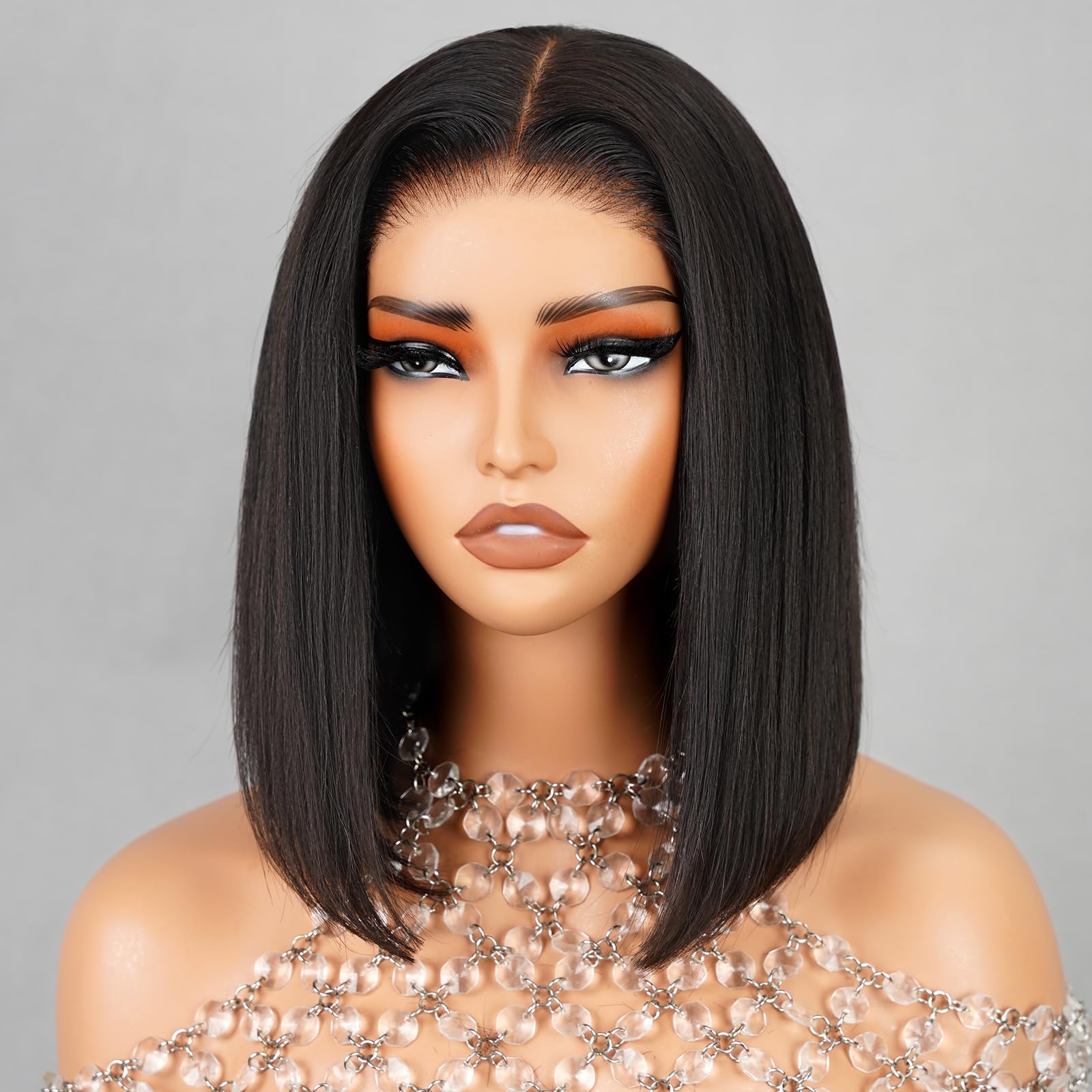 MEGALOOK Upgraded Wear and Go Glueless Bob Wig Bleached knots Human Hair Wig For Black Women 6x6 Lace Front Wig Human Hair Pre Cut Lace Pre Bleached Tiny Knots Glueless Wig Natural Black Color(12inch)