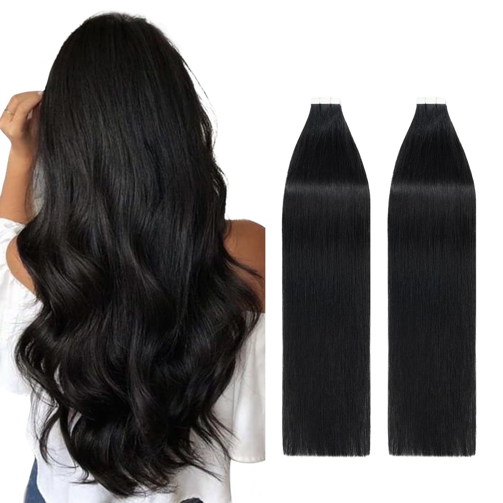 Tape in Hair Extensions Human Hair Black 100% Remy Hair 40 Pcs, 18", 100g/Set #01 Jet Black Skin Weft Hair Extension Seamless Straight — image 1