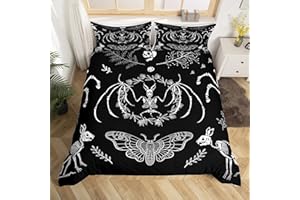 Castle Fairy Butterfly Bedding Set 3 Pieces,Gothic Jungle Animal Skeleton Comforter Cover for Boys Girls,Weed Floral Black and White Ultra Soft Duvet Cover Decor,Full Size Quilt Cover