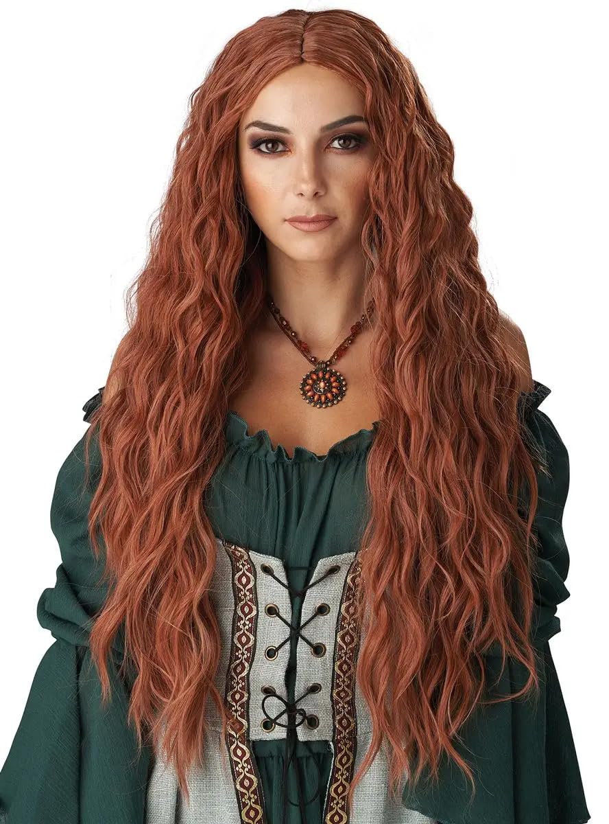 PORSMEER Halloween Renaissance Maiden Queen Long Wavy Auburn Wig for Women - Middle Part Fluffy Curly Ginger Red Synthetic Heat Resistant Hair Replacement for Daily Party Use (Auburn) — image 1