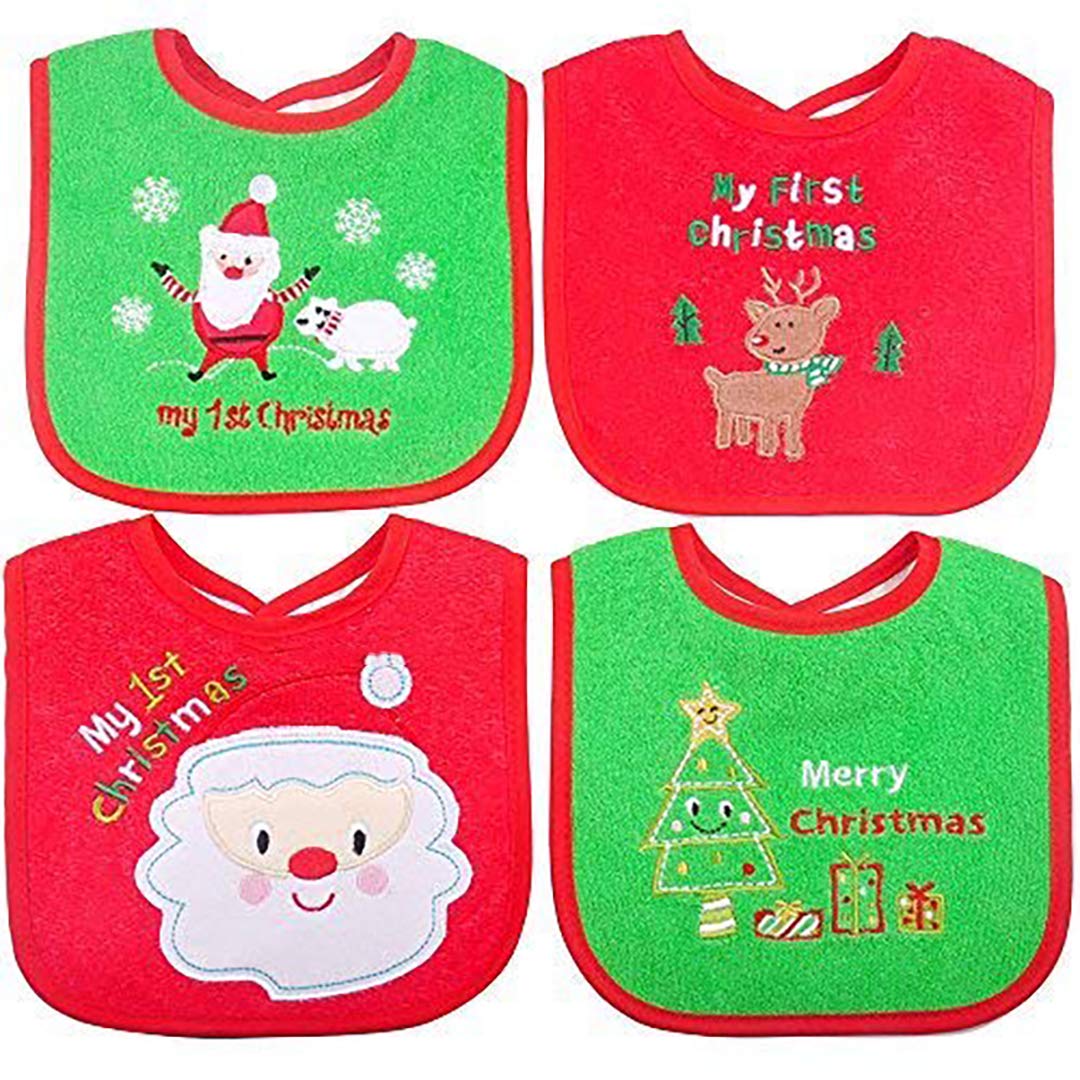 Dream Loom Christmas Baby Bibs,First Christmas Baby Gifts, 4pcs Different Pattern Waterproof Bibs,First Xmas Bib for Babies Newborns and Toddlers