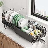 SNTD Large Dish Drying Rack - Expandable (19.3" to 29.4") Dish Rack for Kitchen Counter, Stainless Steel Dish Drainer with Utensil Holder, Pan Holder & Pot Lid Holder, Black