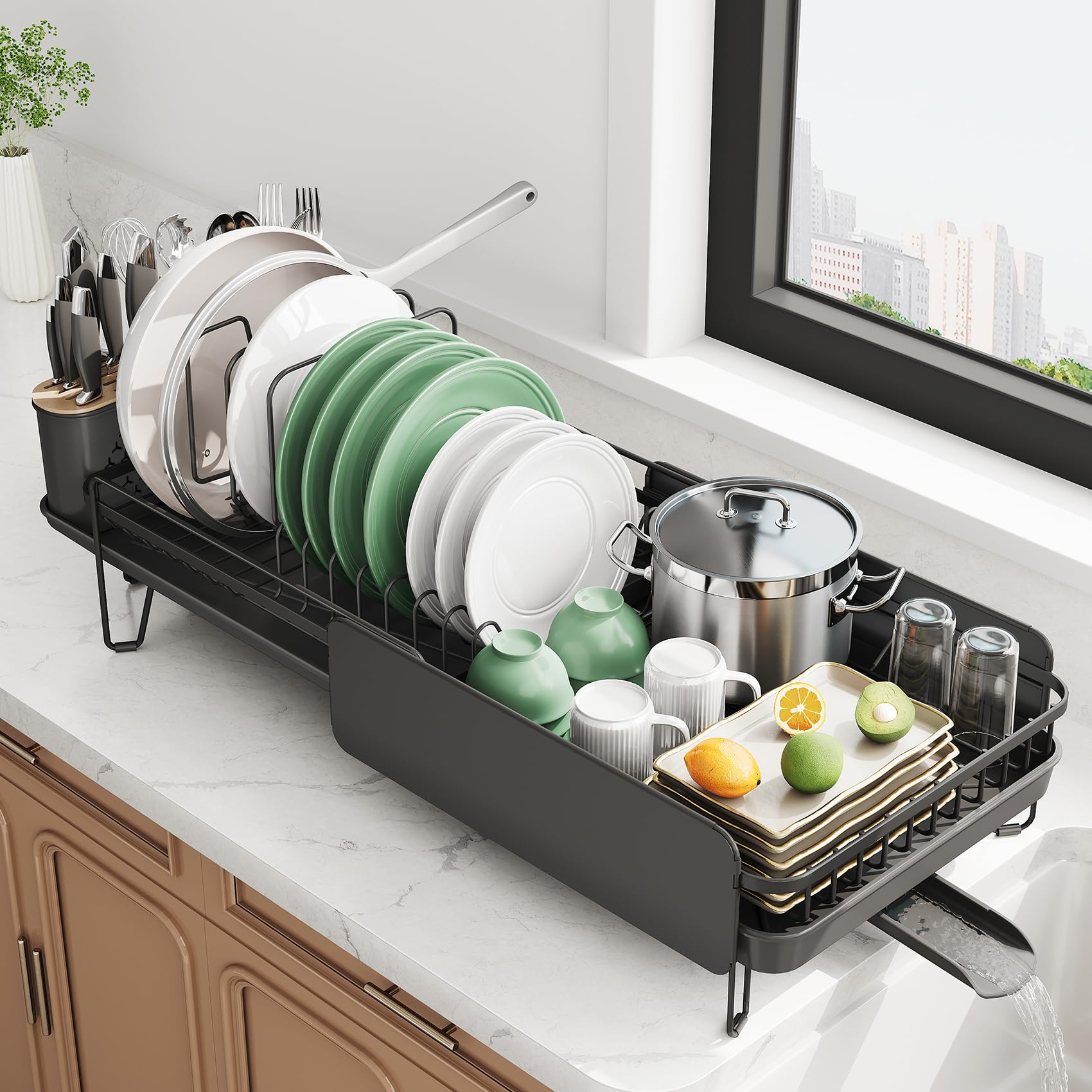 Photo 1 of Large Dish Drying Rack - Expandable (19.3" to 29.4") Dish Rack for Kitchen Counter, Stainless Steel Dish Drainer with Utensil Holder, Pan Holder & Pot Lid Holder, Black