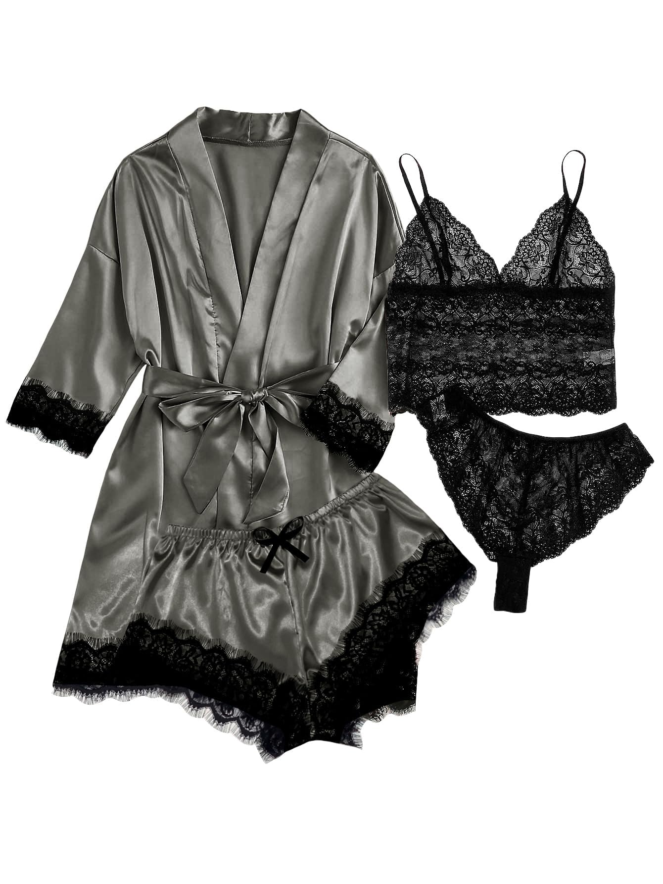Photo 1 of (missing set) WDIRARA Women' Silk Satin Pajamas Set 4pcs Lingerie Floral Lace Cami Sleepwear with Robe Grey and Black L