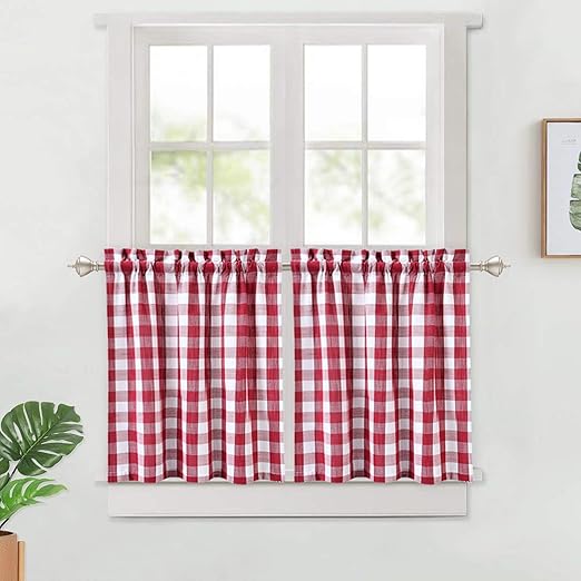 Amazon Com Haperlare Red Buffalo Cafe Curtains 24 Inch Plaid Rod