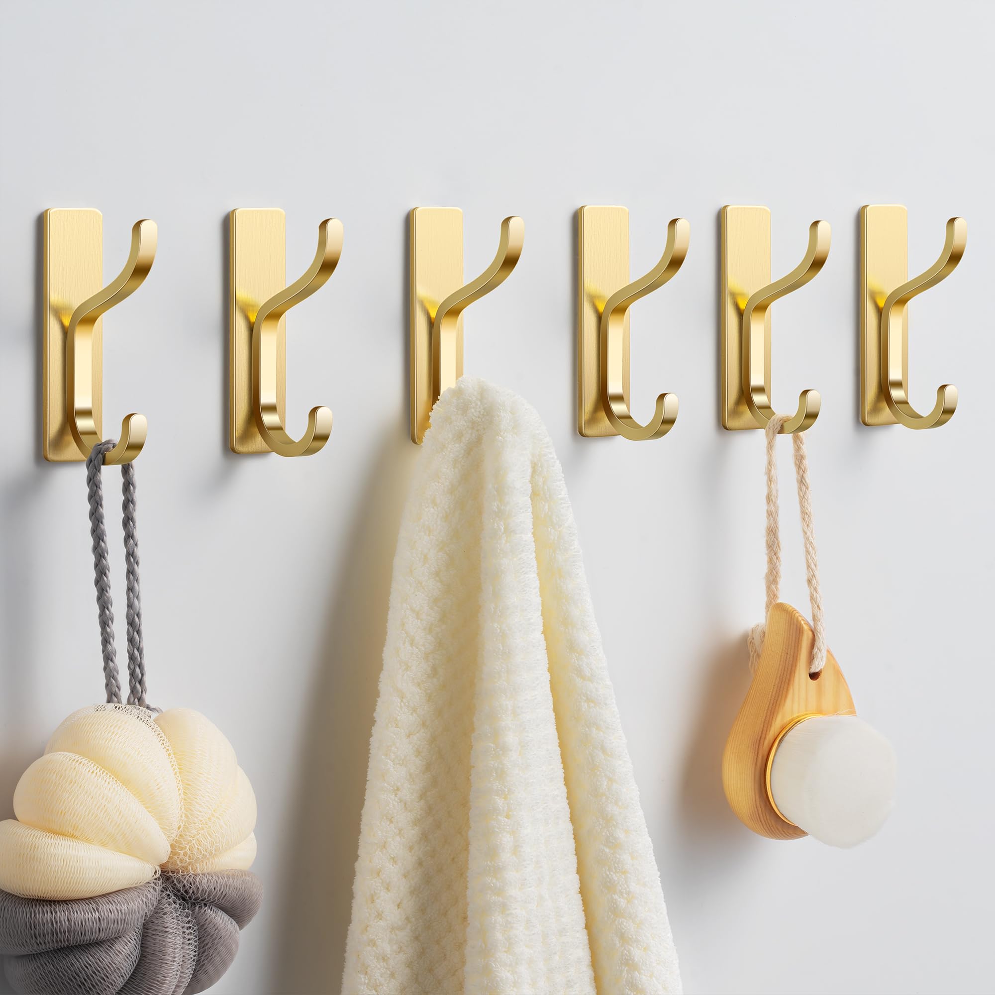 Photo 1 of pickpiff Gold Adhesive Hooks for Wall - Extra Strong 13 LB Hold for Towels, Coats, Bags - Durable Stainless Stick-On Metal Hangers for Bathroom, Kitchen, Closet, Door, 6 Pack