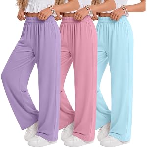 Yooo's Vivi 3 Pack Girls' Wide Leg Sweatpants | Elastic Waist, Baggy, Loose Fit, Drape, Athletic, Yoga, Casual Trousers, with