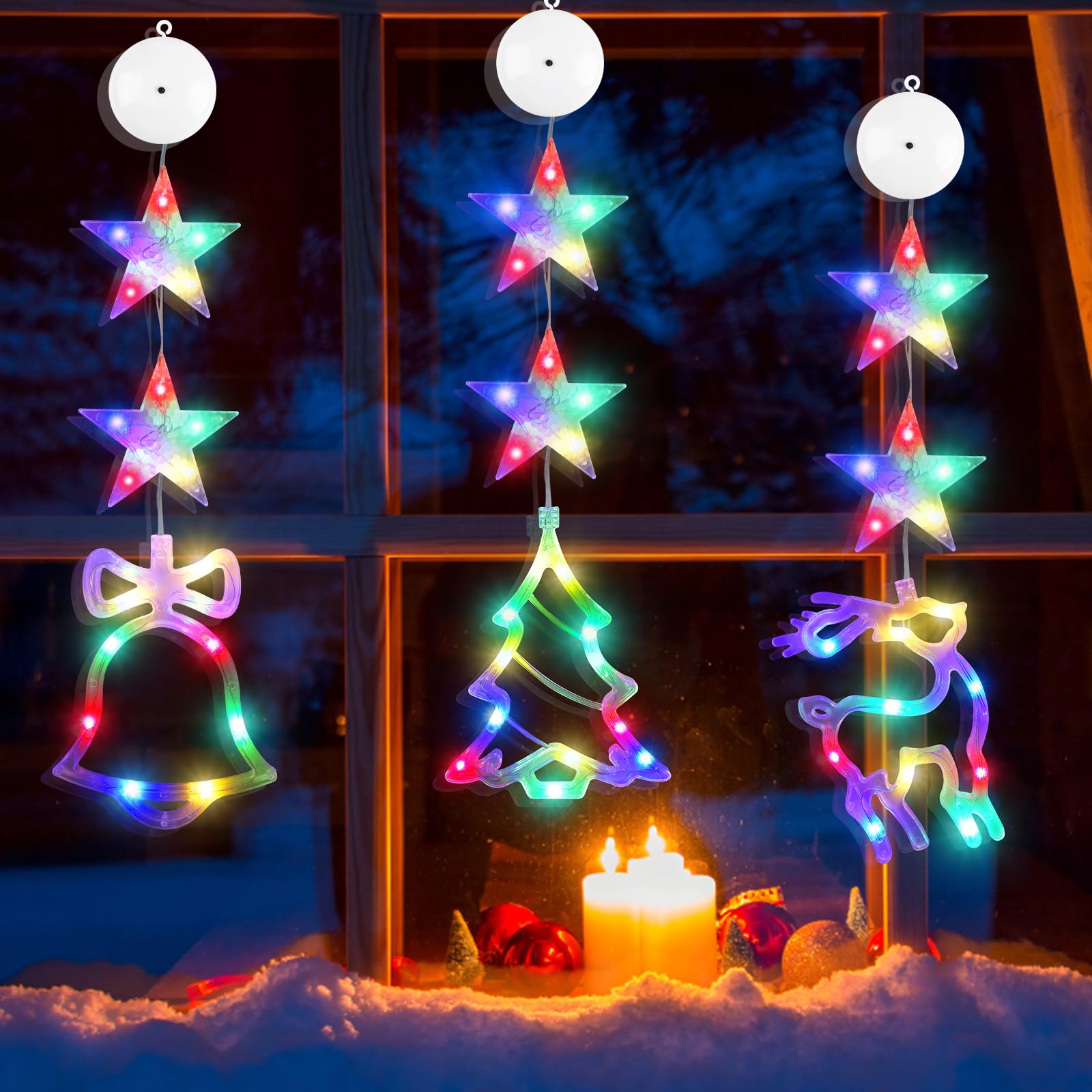 VEYLIN Star Colorful LED Lights - 3 Pieces Christmas Tree Elk Xmas Hanging Lights For Indoor Outdoor Home Decor