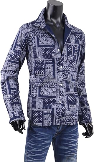 Amazon 柄シャツ ペイズリー メンズ 長袖 シャツ 総柄 ドレスシャツ 02 ネイビー Ll シャツ 通販