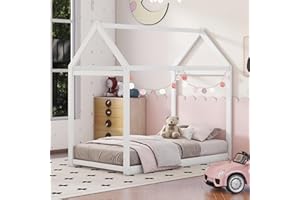 HARPER & BRIGHT DESIGNS Twin House Floor Bed for Kids, Wooden Twin Montessori Bed Frame,Kids Twin Bed Frames for Baby Girls, Boys(Twin, White)