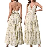 GLNEGE Summer Maxi Beach Dress Boho Halter V Neck Backless Bow Dresses Flowy Trendy Ruffle Sundress for Women 2025