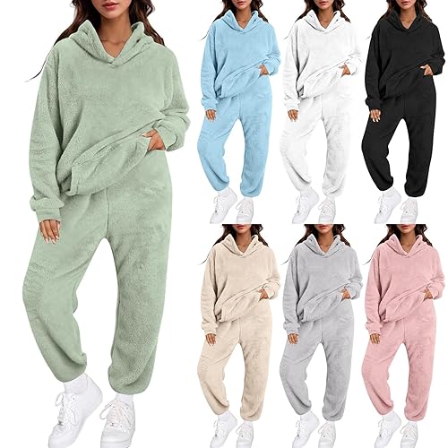 Fleece Hooded Pyjamas Womens Sets Fluffy Cozy Teddy Pjs Super Soft Comfy Loungewear Set Long Sleeve Hoodie Tops And Fuzzy Bottoms Ladies Christmas Pyjamas Plush Thermal Winter Pj With Pockets