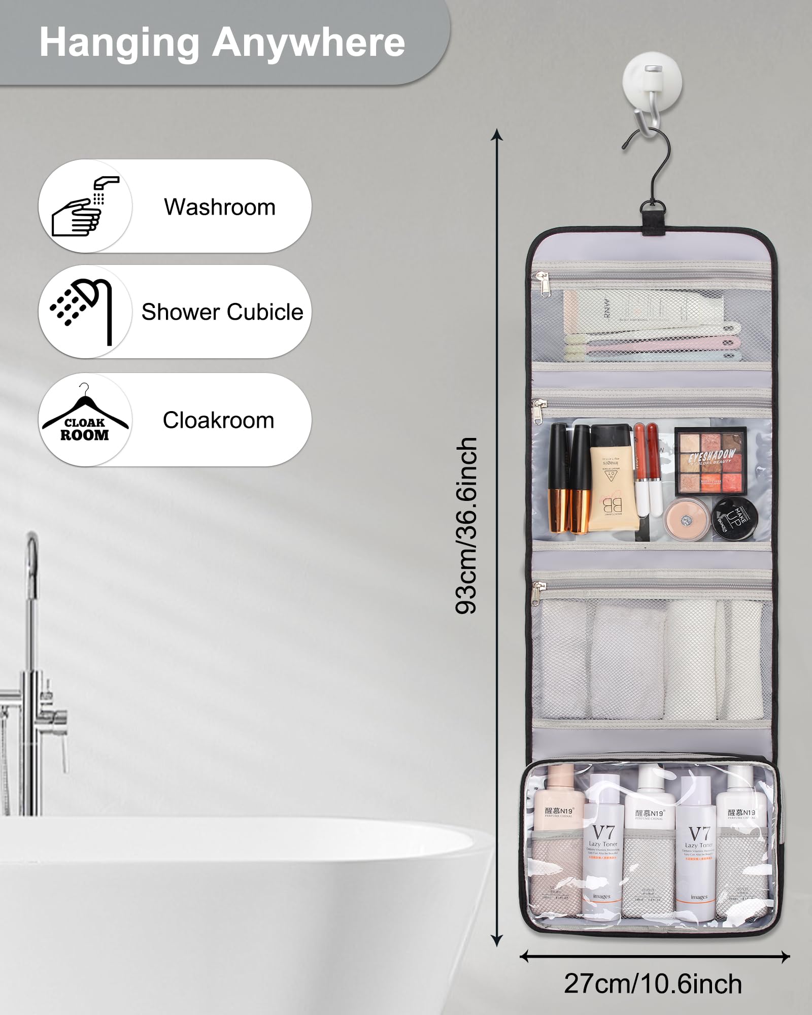 Relavel Travel Hanging Toiletry Bag for Men Women Travel Kit Shaving Bag Waterproof Large Makeup Bag Wash Bag Makeup Organizer Cosmetic Case for Bathroom Shower Black