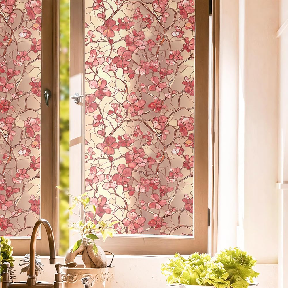 Photo 1 of 16“x118 Pink Gold Flower Vintage Double Side Window Films Art Decorative Window Privacy Tinting Film Self-Adhesive Static Glass Window Clings Stickers for Living Room Bathroom Glass Windows Decor