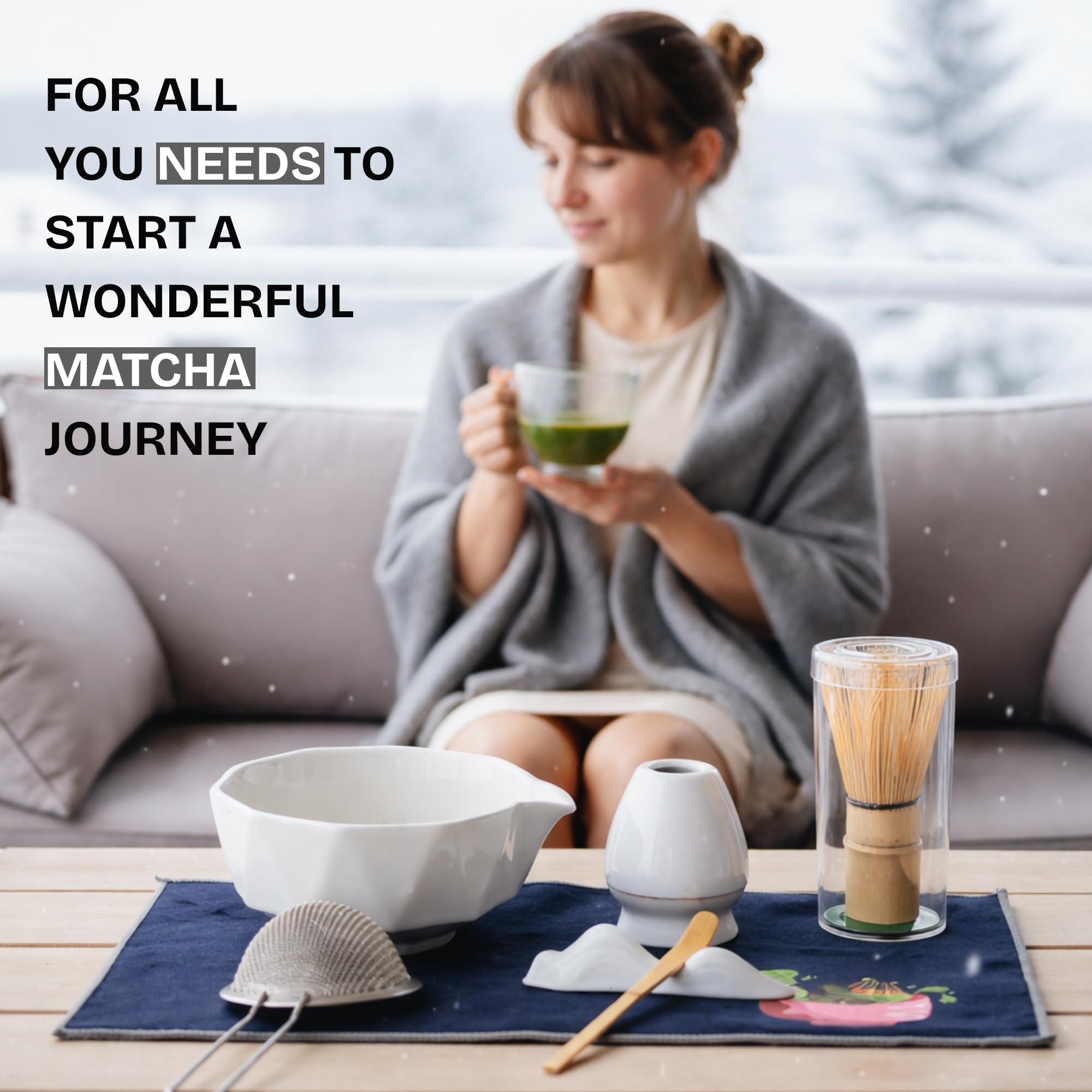 Matcha Whisk Set with Bowl – 8 Pcs Japanese Matcha Set, Ceramic Chawan with Spout, Bamboo Whisk (Chasen), Holder & Accessories | Matcha Making Kit for Tea Ceremony, Lattes & Gifts