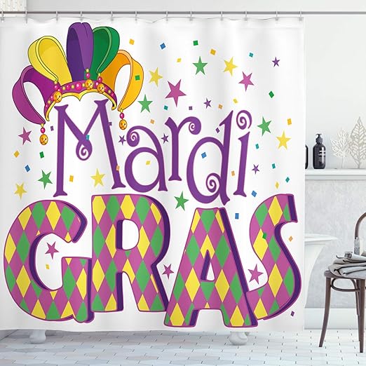 Amazon Com Ambesonne Mardi Gras Shower Curtain Joyous Composition Lettering Stars And Party Hat Cloth Fabric Bathroom Decor Set With Hooks 84 Long Extra Purple Yellow Green Home Kitchen