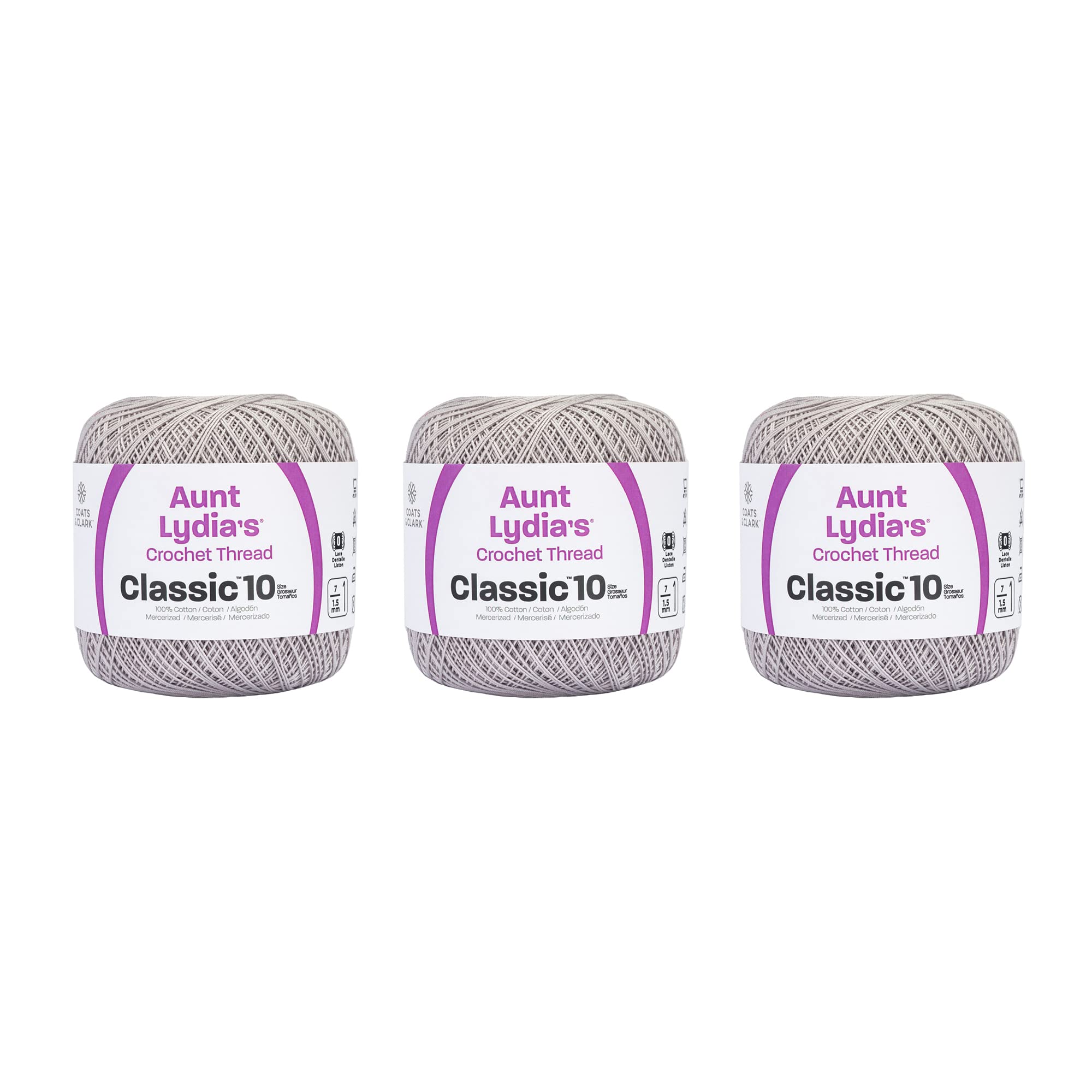 Aunt Lydia Classic Silver Crochet - 3 Pack of 350y/320m - Cotton - Gauge 10 - Crochet