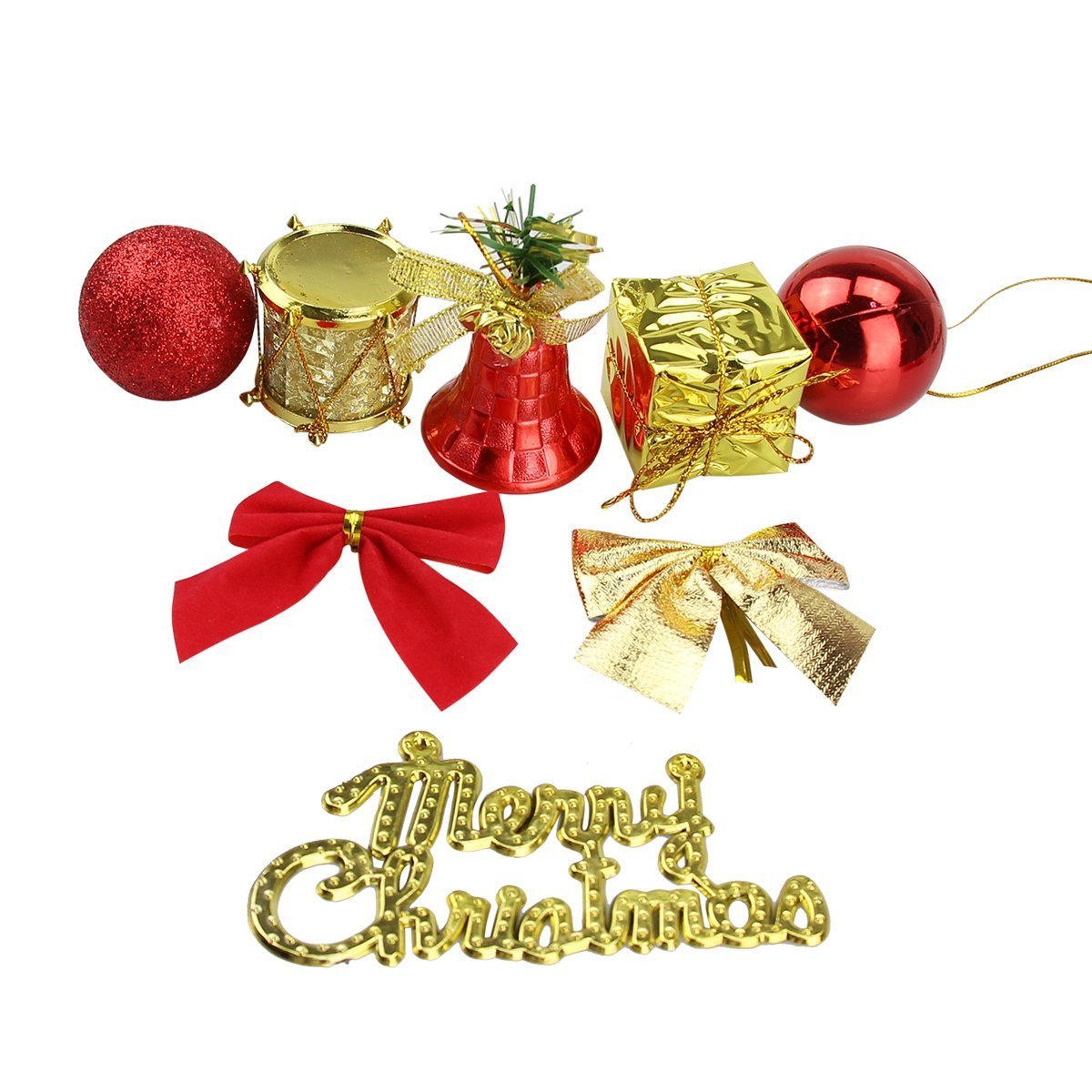 Naisidier Christmas Tree Ornaments Hanging Decoration Pendant Kit Including Christams Balls, Bowknots, Gifts Ornaments, Merry Christmas Letters, Drums and Christams Red Bells (44Pcs)
