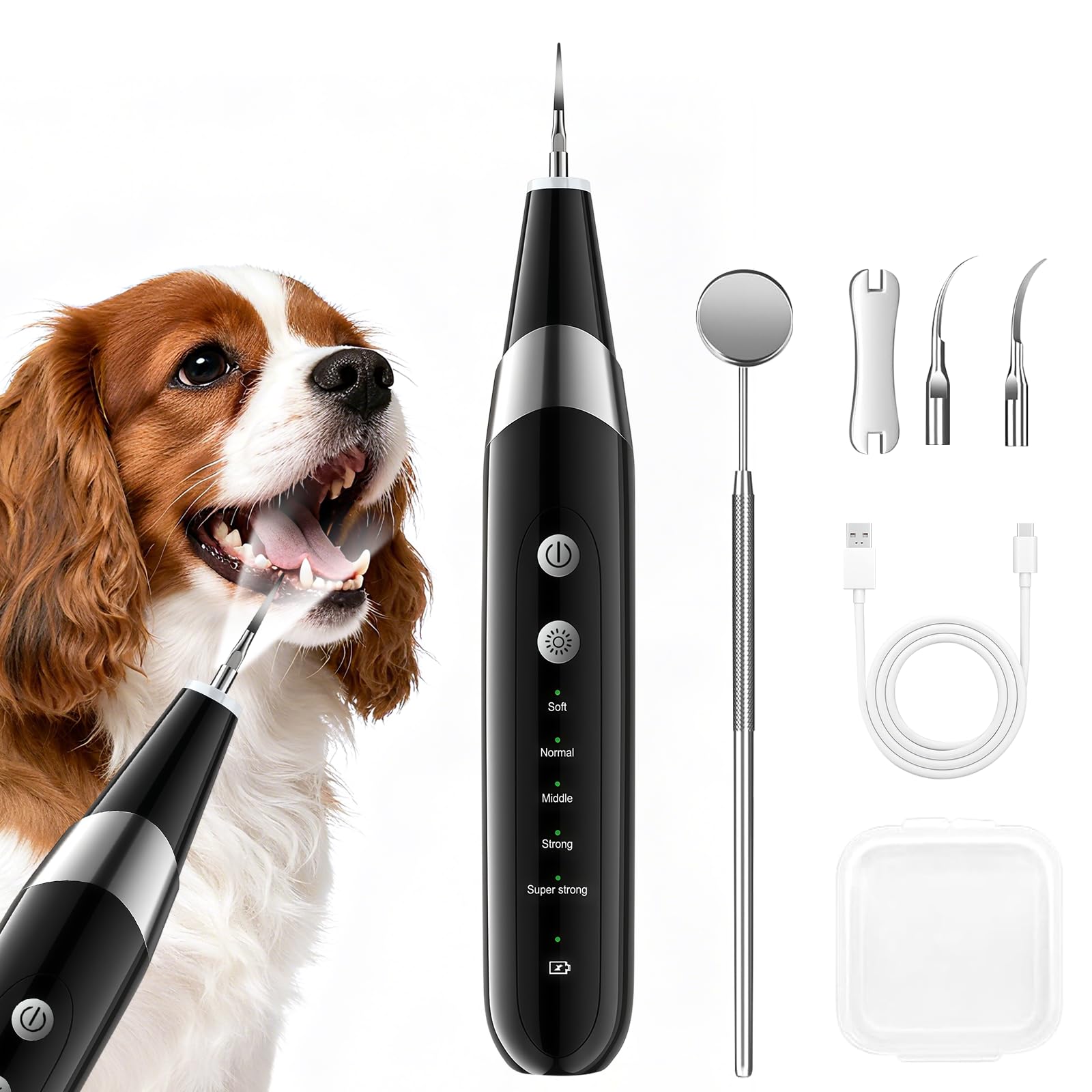 InFanso Dog Plaque Remover PR400, Ultrasonic Pet Teeth Cleaning Products with LED Light for Tartar Removal, 5 Modes, Rechargeable & Lightweight for Dogs and Cats, Black