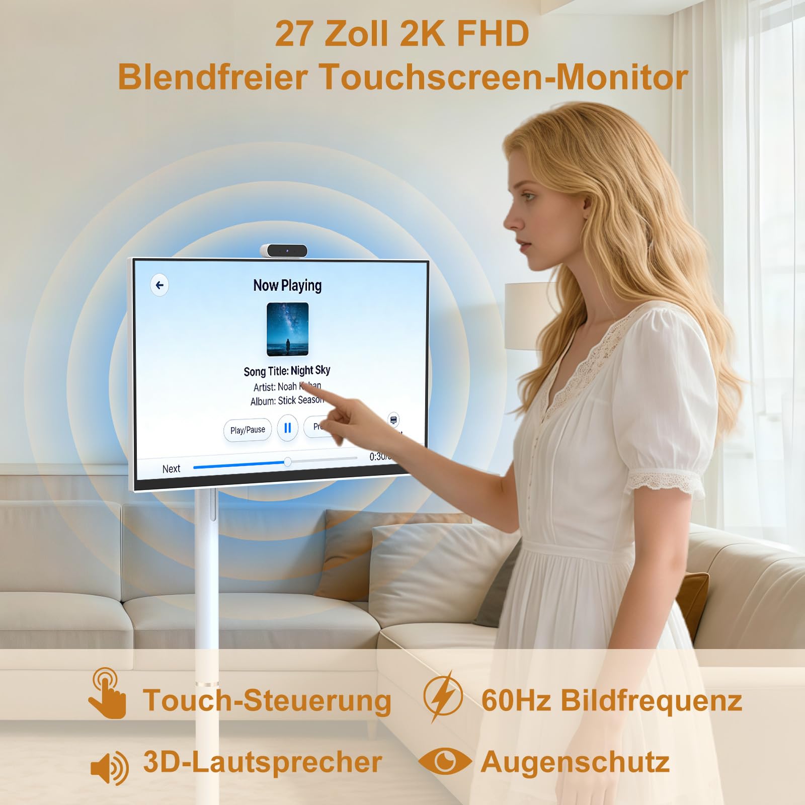Dornium 27 Zoll FHD Smart Portable TV | Touchscreen-Monitor auf Rädern | EDLA-Zertifiziert & Android 13 | 8+128 GB Speicher | 10,000 mAh Akku | 90°Rotation | Abnehmbare Kamera 2