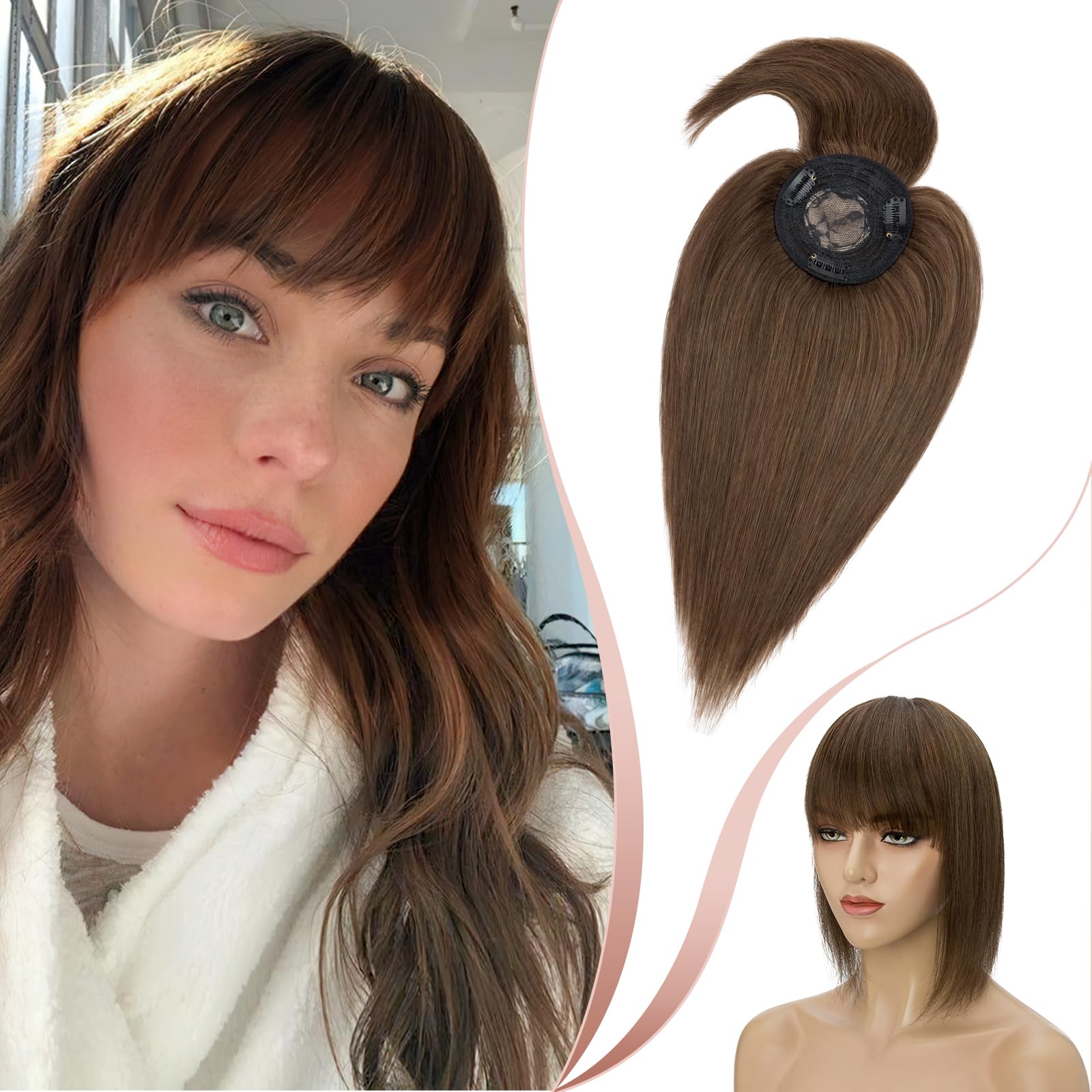 Elailite Hair Toppers For Thinning Hair Women Real Hair With Fringe Clip in Hair Extension Hair Piece - 130% Density (#04 Medium Brown, 14 inch)