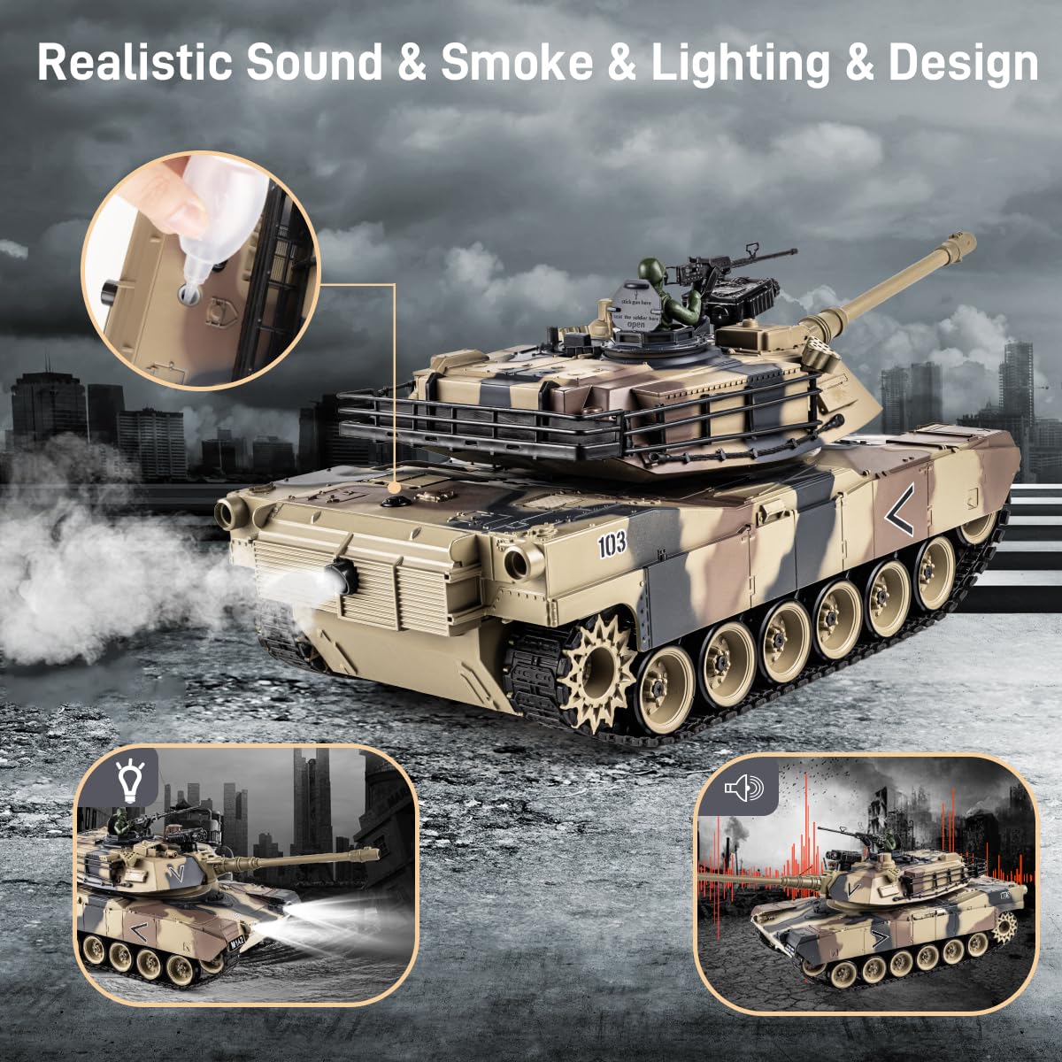 Supdex 1:18 RC Tank, 2.4Ghz US M1A2 Remote Control Tank Model Toys, 15 Channel Battle Army Toy with Smoke Effects, Light and Sound, RC Military Truck for Adults and Kids That Shoots BBS, Water Bombs